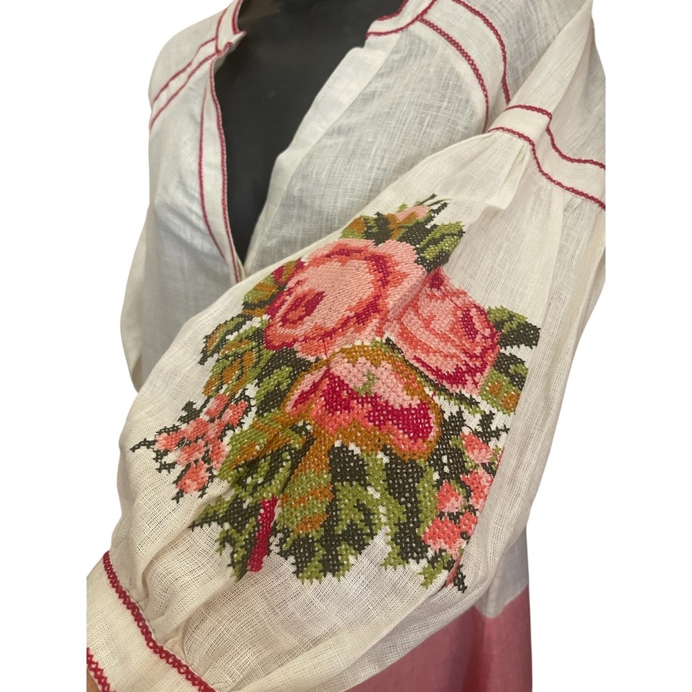 De Castro Maxi Dress Pink White Floral Embroidered Linen Lg Boho Cottagecore - Picture 4 of 10